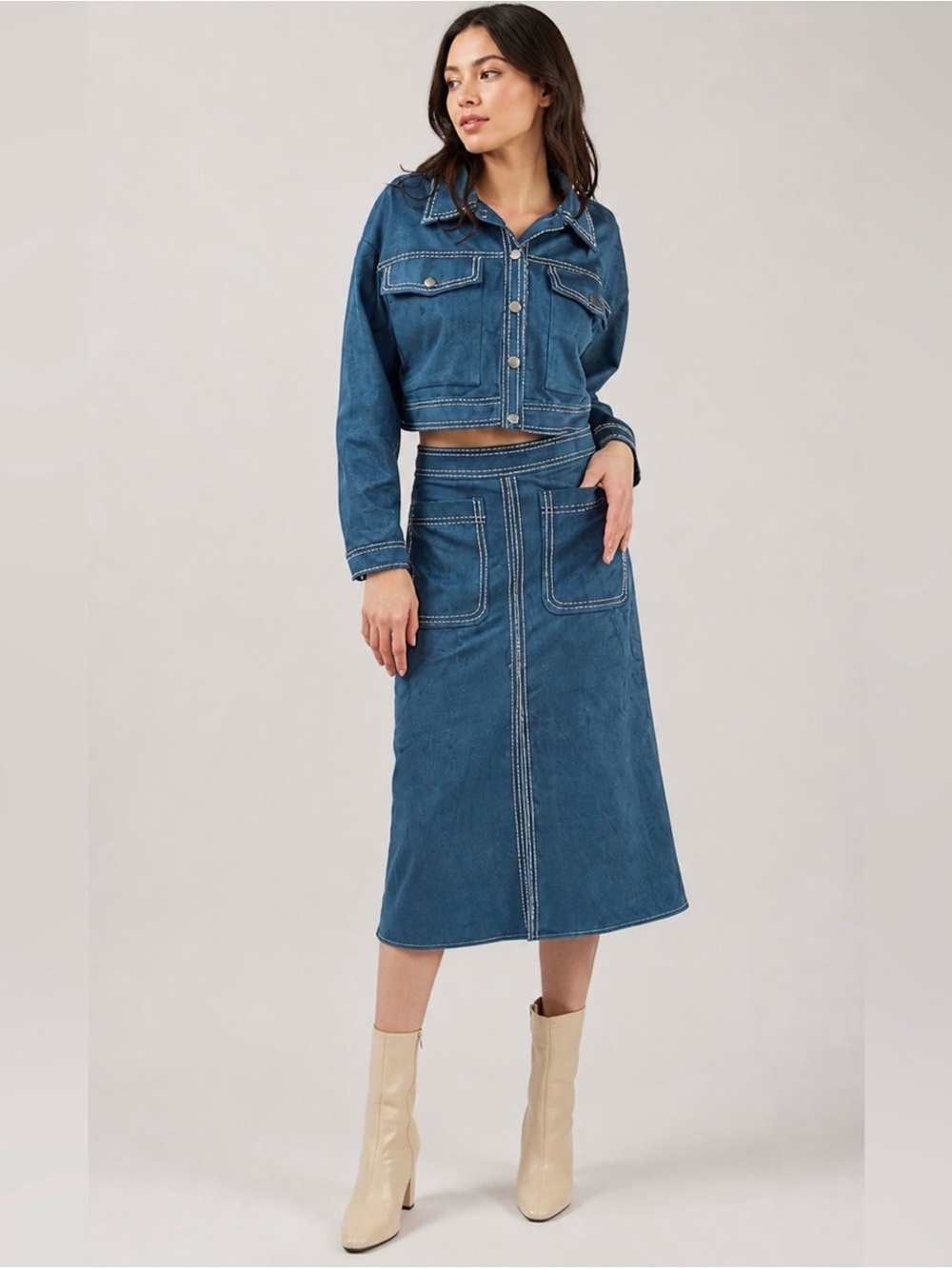En Saison Blue faux suede Robin Midi Skirt with white stitching